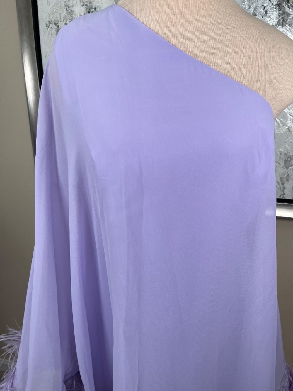 MAC DUGGAL One Shoulder Cape Feather Hem Purple 11623 Mini Dress Size 8 - Picture 3 of 6